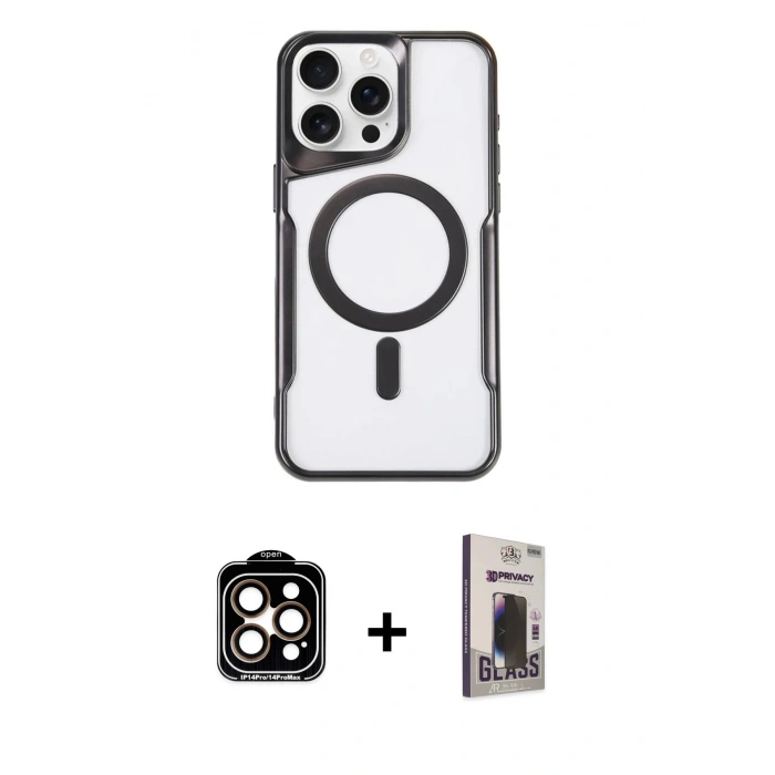 MARSİLYAN™- iPhone 15 Pro Max Kılıf Yadigar Klasik Özel Seri - Siyah Bilvis Hayalet Cam Ekran Koruyucu + PVD Metal Kamera Lens - TU