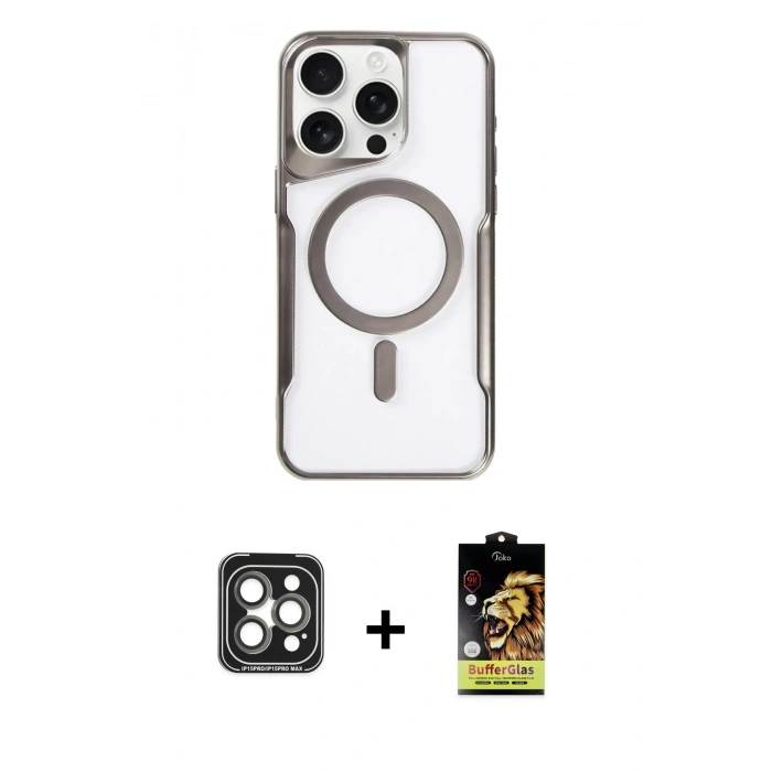 MARSİLYAN™- iPhone 15 Pro Max Kılıf Yadigar Klasik Özel Seri - Siyah Buffer Cam Ekran Koruyucu + PVD Metal Kamera Lens - GI