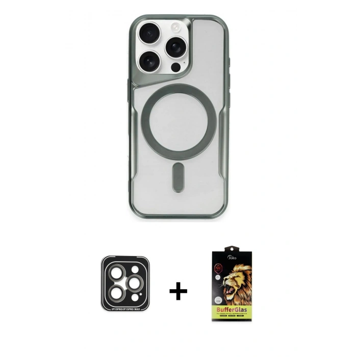 MARSİLYAN™- iPhone 15 Pro Max Kılıf Yadigar Klasik Özel Seri - Siyah Buffer Cam Ekran Koruyucu + PVD Metal Kamera Lens - GI