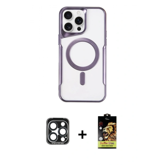 MARSİLYAN™- iPhone 15 Pro Max Kılıf Yadigar Klasik Özel Seri - Siyah Buffer Cam Ekran Koruyucu + Lacivert PVD Metal Kamera Lens