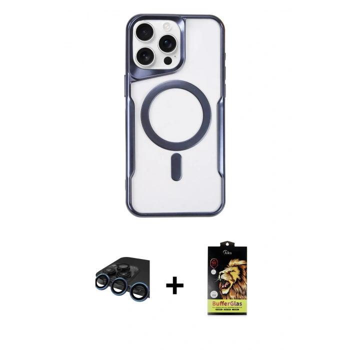 MARSİLYAN™- iPhone 15 Pro Max Kılıf Yadigar Klasik Özel Seri - Siyah Buffer Cam Ekran Koruyucu + Lacivert Raze Metal Kamera Lens