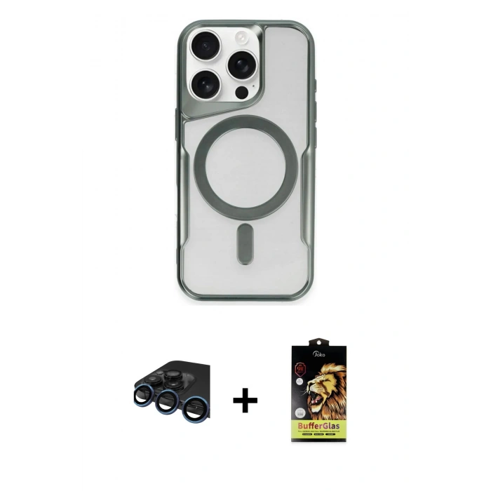 MARSİLYAN™- iPhone 15 Pro Max Kılıf Yadigar Klasik Özel Seri - Siyah Buffer Cam Ekran Koruyucu + Lacivert Raze Metal Kamera Lens