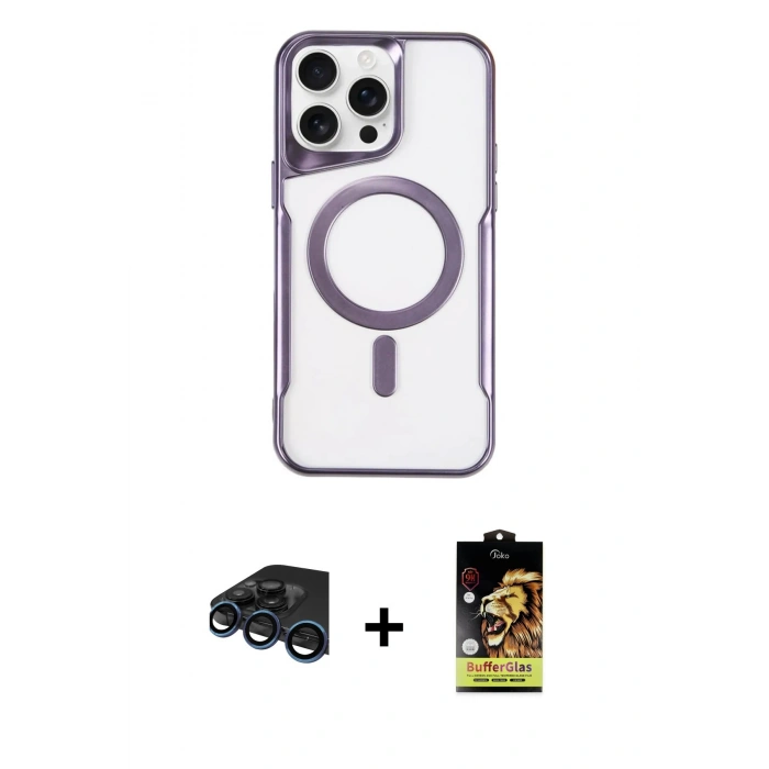MARSİLYAN™- iPhone 15 Pro Max Kılıf Yadigar Klasik Özel Seri - Siyah Buffer Cam Ekran Koruyucu + Lacivert Raze Metal Kamera Lens