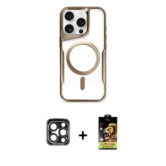 MARSİLYAN™- iPhone 15 Pro Max Kılıf Yadigar Klasik Özel Seri - Siyah Buffer Cam Ekran Koruyucu + Lacivert PVD Metal Kamera Lens