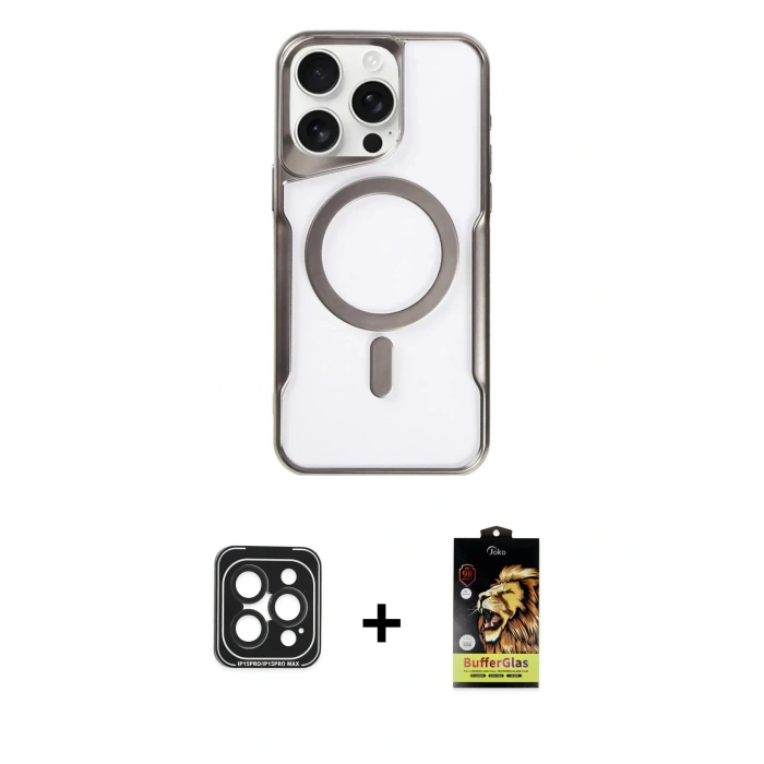MARSİLYAN™- iPhone 15 Pro Max Kılıf Yadigar Klasik Özel Seri - Siyah Buffer Cam Ekran Koruyucu + PVD Metal Kamera Lens - SH