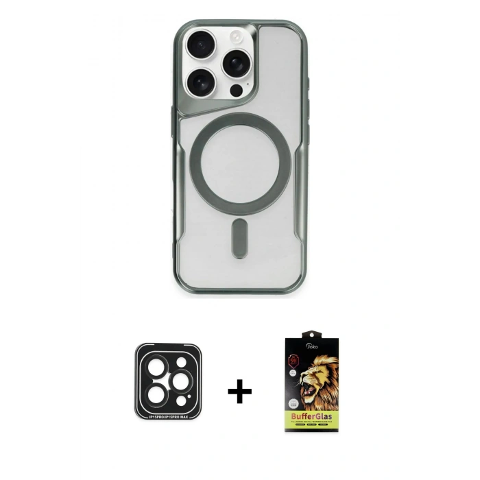 MARSİLYAN™- iPhone 15 Pro Max Kılıf Yadigar Klasik Özel Seri - Siyah Buffer Cam Ekran Koruyucu + PVD Metal Kamera Lens - SH