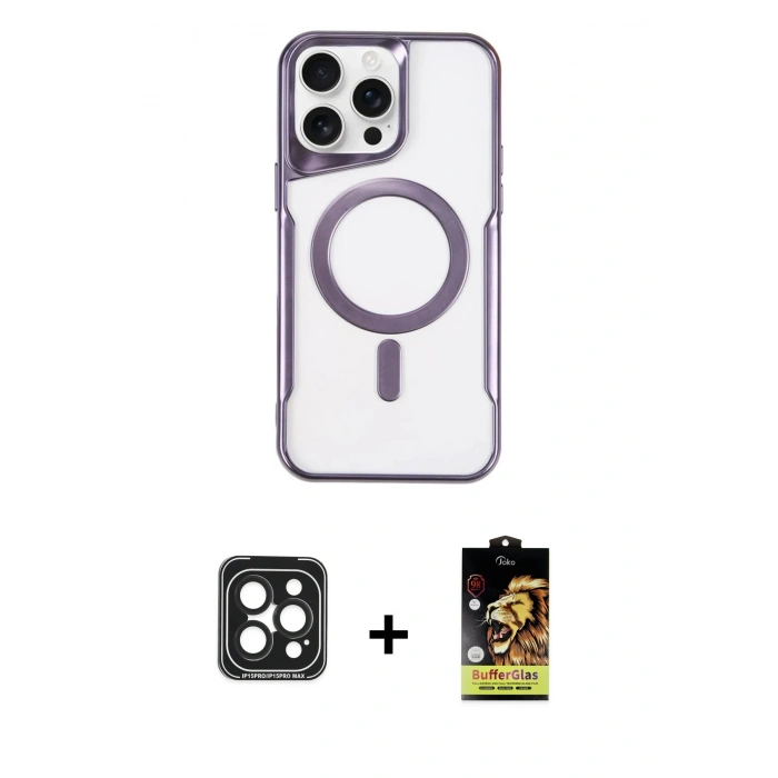 MARSİLYAN™- iPhone 15 Pro Max Kılıf Yadigar Klasik Özel Seri - Siyah Buffer Cam Ekran Koruyucu + PVD Metal Kamera Lens - SH