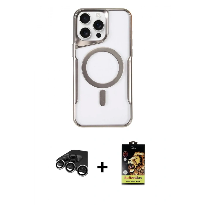 MARSİLYAN™- iPhone 15 Pro Max Kılıf Yadigar Klasik Özel Seri - Siyah Buffer Cam Ekran Koruyucu + Raze Metal Kamera Lens - GS