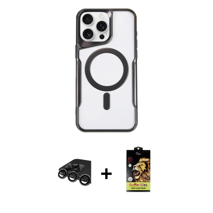 MARSİLYAN™- iPhone 15 Pro Max Kılıf Yadigar Klasik Özel Seri - Siyah Buffer Cam Ekran Koruyucu + Titanyum Gri Raze Metal Kamera Lens