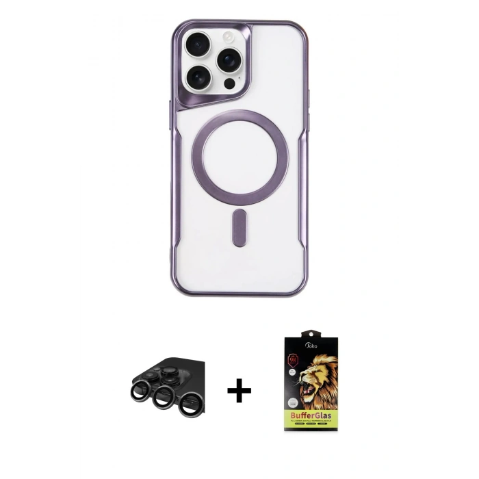 MARSİLYAN™- iPhone 15 Pro Max Kılıf Yadigar Klasik Özel Seri - Siyah Buffer Cam Ekran Koruyucu + Titanyum Gri Raze Metal Kamera Lens