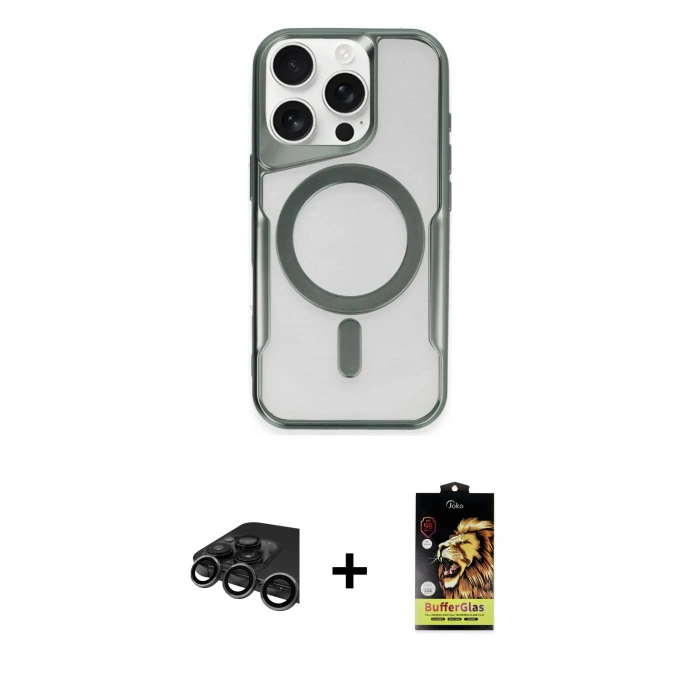 MARSİLYAN™- iPhone 15 Pro Max Kılıf Yadigar Klasik Özel Seri - Siyah Buffer Cam Ekran Koruyucu + Titanyum Gri Raze Metal Kamera Lens