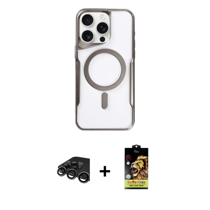 MARSİLYAN™- iPhone 15 Pro Max Kılıf Yadigar Klasik Özel Seri - Siyah Buffer Cam Ekran Koruyucu + Titanyum Gri Raze Metal Kamera Lens