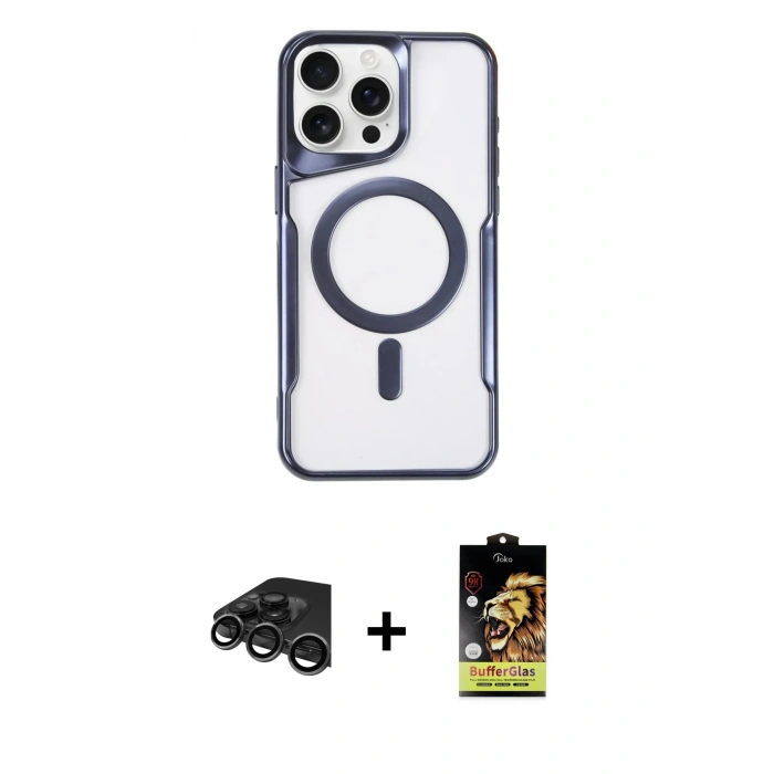 MARSİLYAN™- iPhone 15 Pro Max Kılıf Yadigar Klasik Özel Seri - Siyah Buffer Cam Ekran Koruyucu + Titanyum Gri Raze Metal Kamera Lens