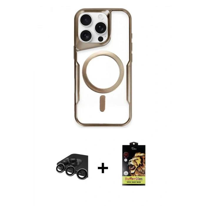 MARSİLYAN™- iPhone 15 Pro Max Kılıf Yadigar Klasik Özel Seri - Siyah Buffer Cam Ekran Koruyucu + Titanyum Gri Raze Metal Kamera Lens