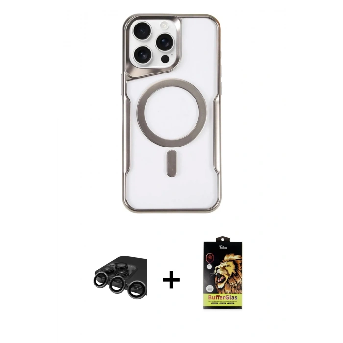 MARSİLYAN™- iPhone 15 Pro Max Kılıf Yadigar Klasik Özel Seri - Siyah Buffer Cam Ekran Koruyucu + Titanyum Gri Raze Metal Kamera Lens