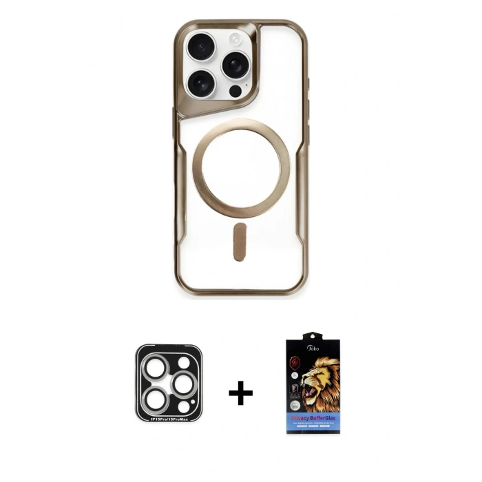 MARSİLYAN™- iPhone 15 Pro Max Kılıf Yadigar Klasik Özel Seri - Siyah Buffer Hayalet Cam Ekran Koruyucu + PVD Metal Kamera Lens - GS