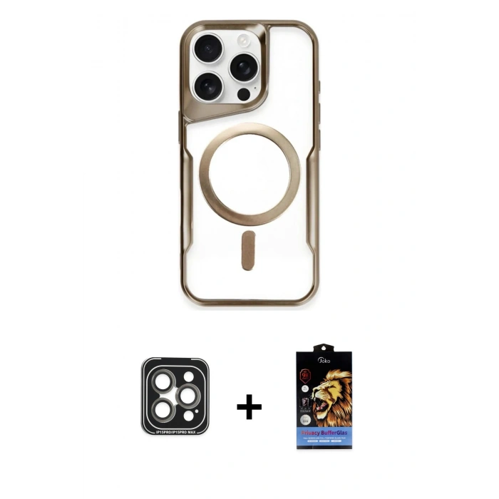 MARSİLYAN™- iPhone 15 Pro Max Kılıf Yadigar Klasik Özel Seri - Siyah Buffer Hayalet Cam Ekran Koruyucu + PVD Metal Kamera Lens - GI