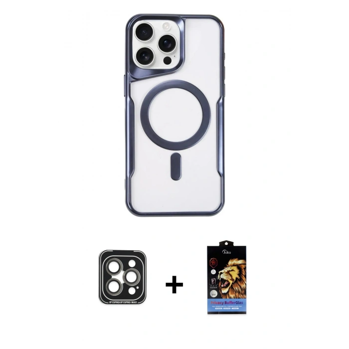 MARSİLYAN™- iPhone 15 Pro Max Kılıf Yadigar Klasik Özel Seri - Siyah Buffer Hayalet Cam Ekran Koruyucu + PVD Metal Kamera Lens - GI