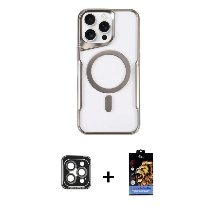MARSİLYAN™- iPhone 15 Pro Max Kılıf Yadigar Klasik Özel Seri - Siyah Buffer Hayalet Cam Ekran Koruyucu + PVD Metal Kamera Lens - GI