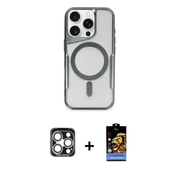 MARSİLYAN™- iPhone 15 Pro Max Kılıf Yadigar Klasik Özel Seri - Siyah Buffer Hayalet Cam Ekran Koruyucu + PVD Metal Kamera Lens - GS