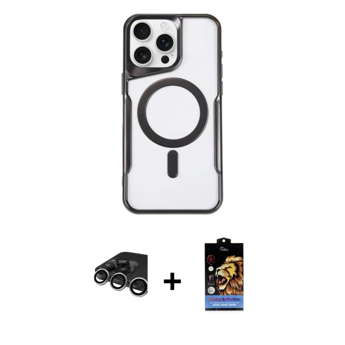MARSİLYAN™- iPhone 15 Pro Max Kılıf Yadigar Klasik Özel Seri - Siyah Buffer Hayalet Cam Ekran Koruyucu + Raze Metal Kamera Lens - GS