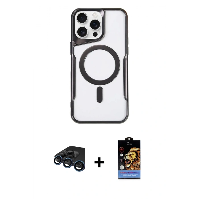 MARSİLYAN™- iPhone 15 Pro Max Kılıf Yadigar Klasik Özel Seri - Siyah Buffer Hayalet Cam Ekran Koruyucu + Raze Metal Kamera Lens - LT