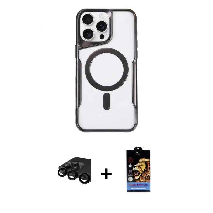MARSİLYAN™- iPhone 15 Pro Max Kılıf Yadigar Klasik Özel Seri - Siyah Buffer Hayalet Cam Ekran Koruyucu + Raze Metal Kamera Lens - SH