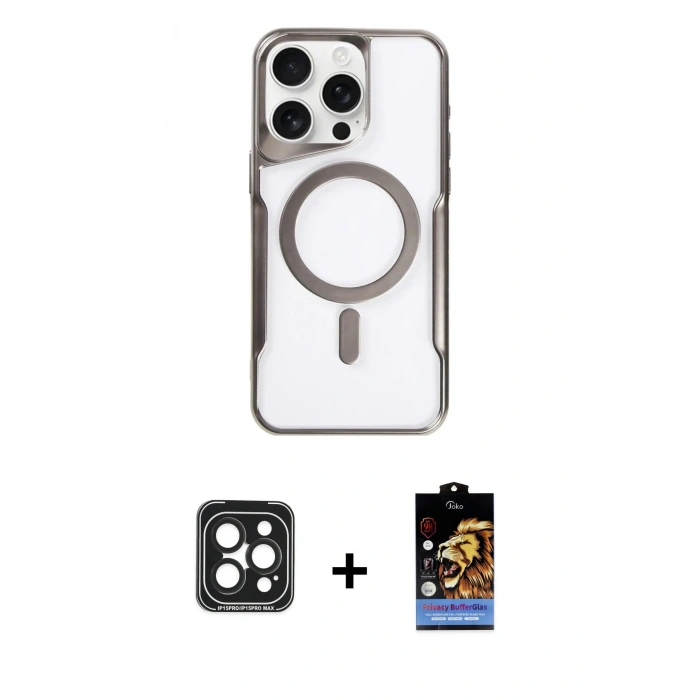 MARSİLYAN™- iPhone 15 Pro Max Kılıf Yadigar Klasik Özel Seri - Siyah Buffer Hayalet Cam Ekran Koruyucu + PVD Metal Kamera Lens - SH