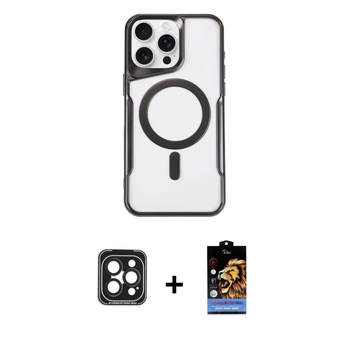 MARSİLYAN™- iPhone 15 Pro Max Kılıf Yadigar Klasik Özel Seri - Siyah Buffer Hayalet Cam Ekran Koruyucu + PVD Metal Kamera Lens - SH