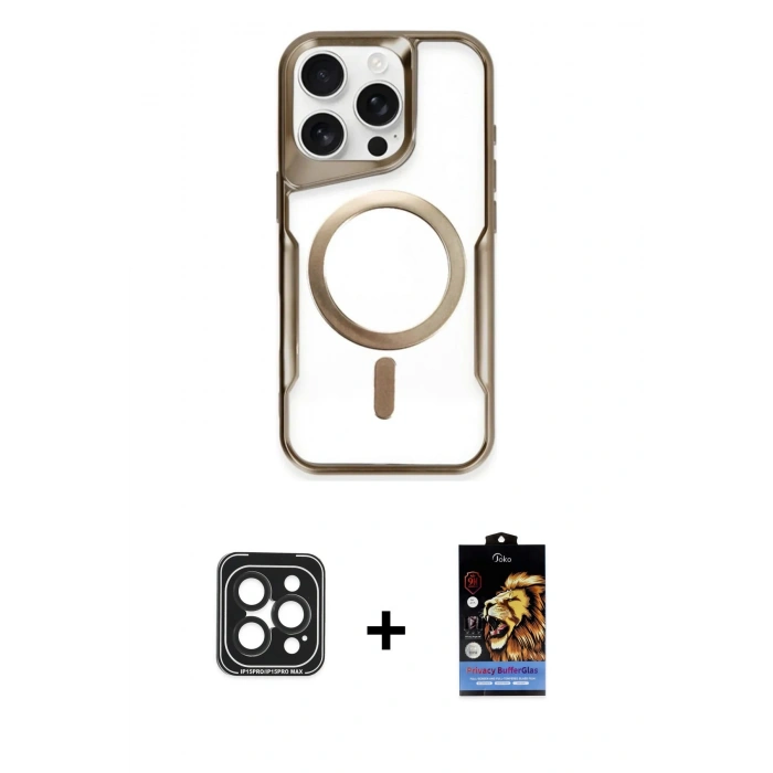 MARSİLYAN™- iPhone 15 Pro Max Kılıf Yadigar Klasik Özel Seri - Siyah Buffer Hayalet Cam Ekran Koruyucu + PVD Metal Kamera Lens - SH