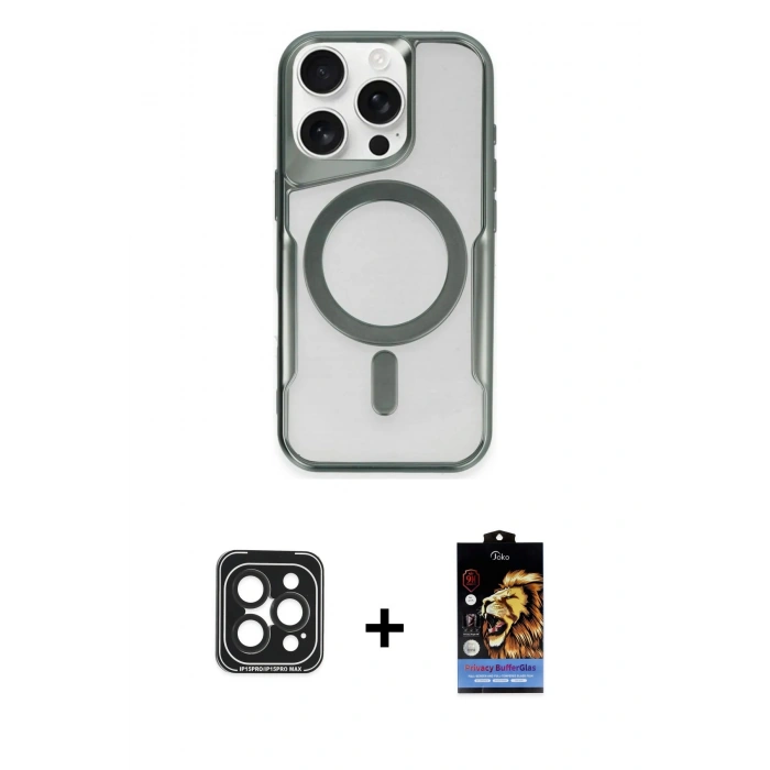MARSİLYAN™- iPhone 15 Pro Max Kılıf Yadigar Klasik Özel Seri - Siyah Buffer Hayalet Cam Ekran Koruyucu + PVD Metal Kamera Lens - SH