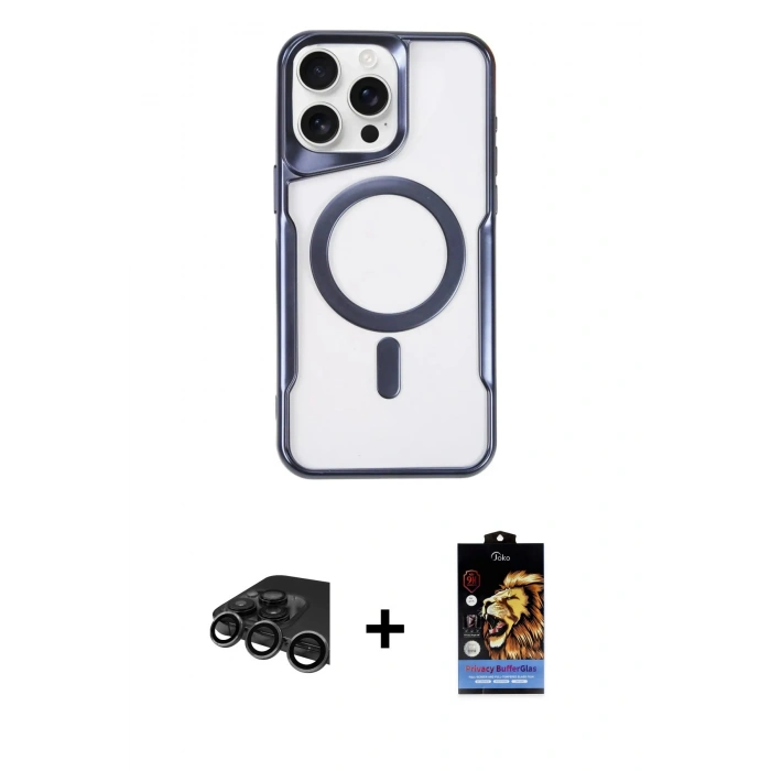 MARSİLYAN™- iPhone 15 Pro Max Kılıf Yadigar Klasik Özel Seri - Siyah Buffer Hayalet Cam Ekran Koruyucu + Raze Metal Kamera Lens - TMGI