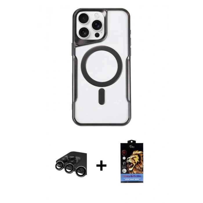 MARSİLYAN™- iPhone 15 Pro Max Kılıf Yadigar Klasik Özel Seri - Siyah Buffer Hayalet Cam Ekran Koruyucu + Raze Metal Kamera Lens - TMGI