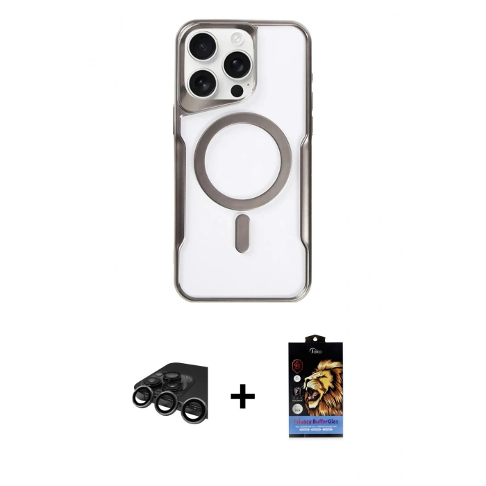 MARSİLYAN™- iPhone 15 Pro Max Kılıf Yadigar Klasik Özel Seri - Siyah Buffer Hayalet Cam Ekran Koruyucu + Raze Metal Kamera Lens - TMGI