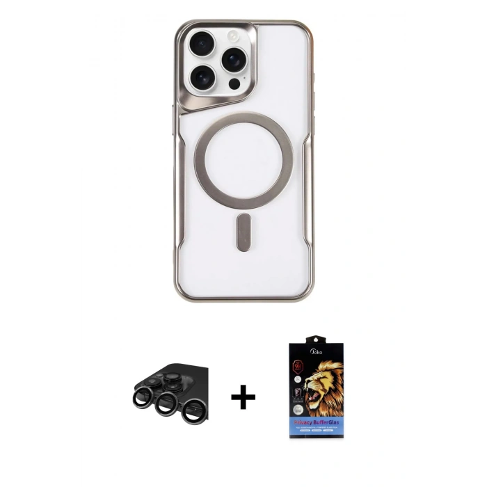 MARSİLYAN™- iPhone 15 Pro Max Kılıf Yadigar Klasik Özel Seri - Siyah Buffer Hayalet Cam Ekran Koruyucu + Raze Metal Kamera Lens - TMGI