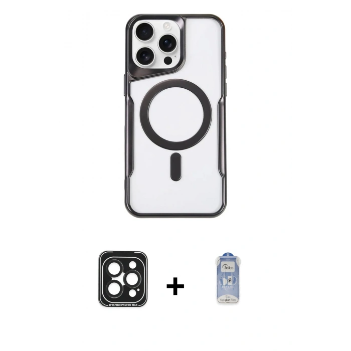 MARSİLYAN™- iPhone 15 Pro Max Kılıf Yadigar Klasik Özel Seri - Siyah Joko Magic 5D Cam + PVD Metal Kamera Lens - SH