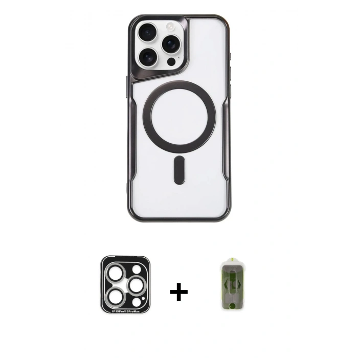 MARSİLYAN™- iPhone 15 Pro Max Kılıf Yadigar Klasik Özel Seri - Siyah Joko Magic 5D Hayalet Cam + PVD Metal Kamera Lens - GS