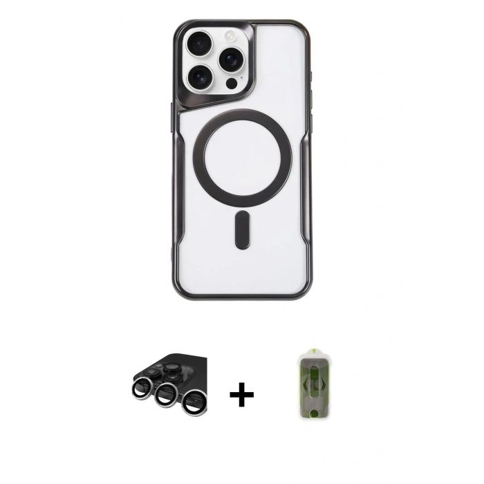MARSİLYAN™- iPhone 15 Pro Max Kılıf Yadigar Klasik Özel Seri - Siyah Joko Magic 5D Hayalet Cam + Raze Metal Kamera Lens - GS