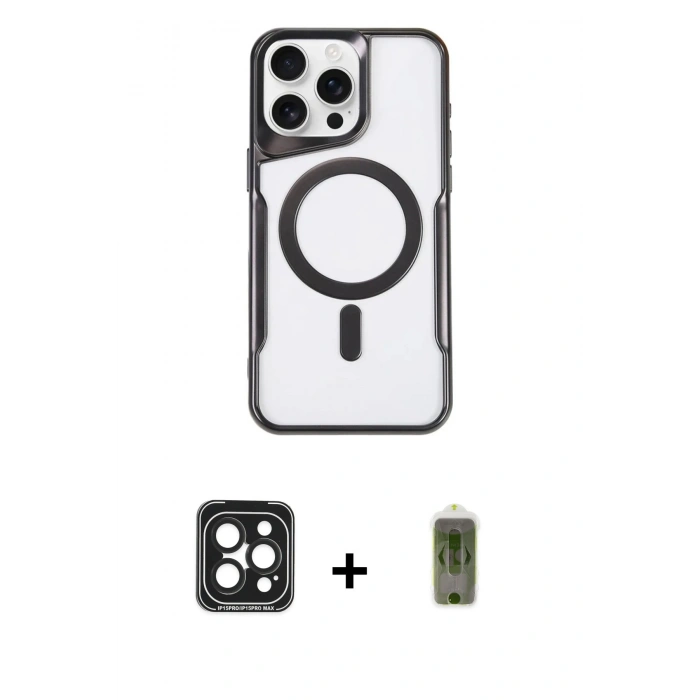 MARSİLYAN™- iPhone 15 Pro Max Kılıf Yadigar Klasik Özel Seri - Siyah Joko Magic 5D Hayalet Cam + PVD Metal Kamera Lens - SH