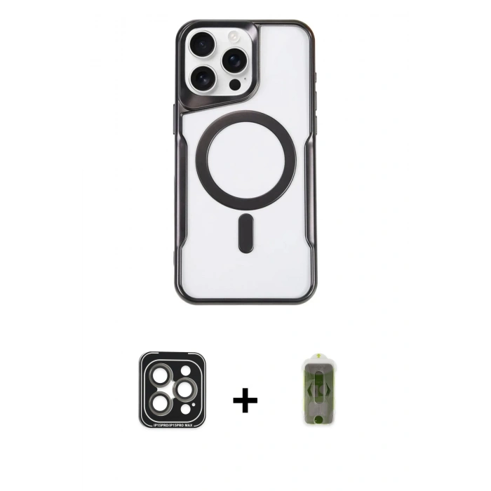 MARSİLYAN™- iPhone 15 Pro Max Kılıf Yadigar Klasik Özel Seri - Siyah Joko Magic 5D Hayalet Cam + PVD Metal Kamera Lens - GI