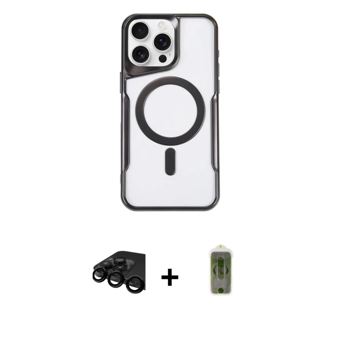 MARSİLYAN™- iPhone 15 Pro Max Kılıf Yadigar Klasik Özel Seri - Siyah Joko Magic 5D Hayalet Cam + Raze Metal Kamera Lens - SH
