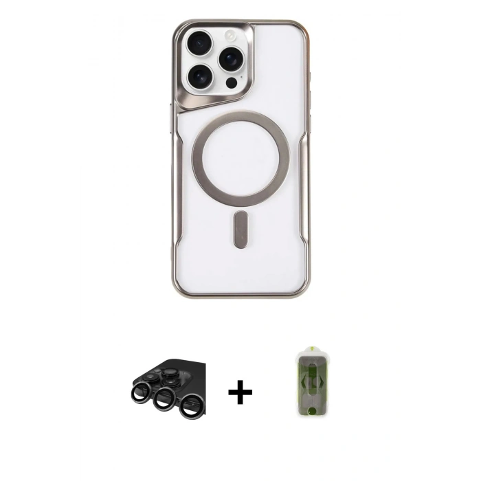 MARSİLYAN™- iPhone 15 Pro Max Kılıf Yadigar Klasik Özel Seri - Siyah Joko Magic 5D Hayalet Cam + Titanyum Gri Raze Metal Kamera Lens