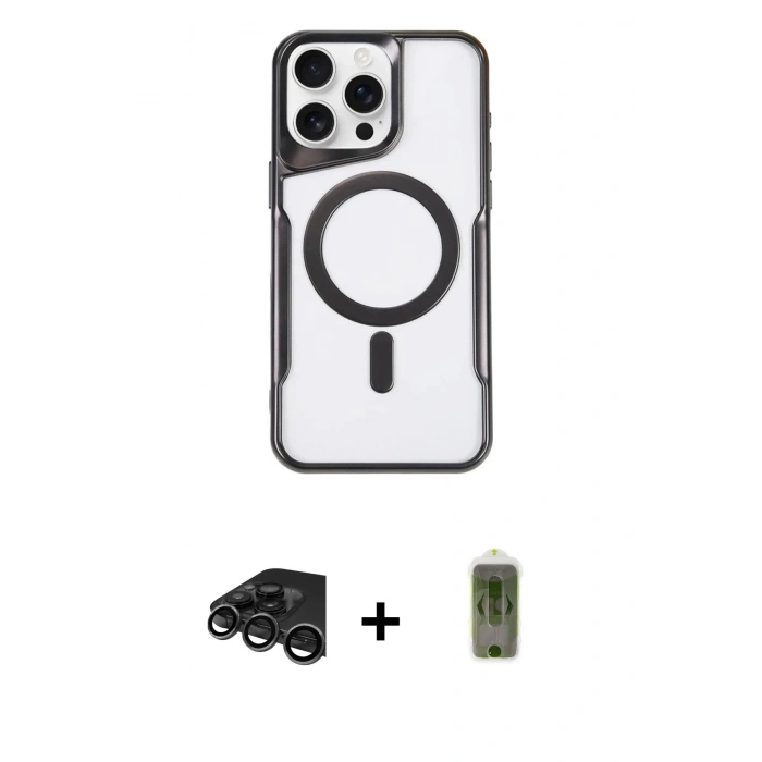 MARSİLYAN™- iPhone 15 Pro Max Kılıf Yadigar Klasik Özel Seri - Siyah Joko Magic 5D Hayalet Cam + Titanyum Gri Raze Metal Kamera Lens