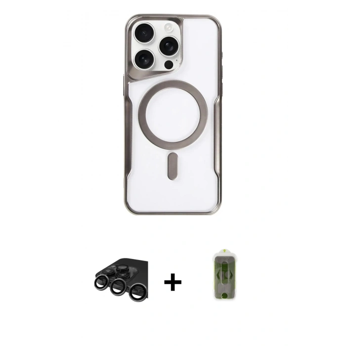 MARSİLYAN™- iPhone 15 Pro Max Kılıf Yadigar Klasik Özel Seri - Siyah Joko Magic 5D Hayalet Cam + Titanyum Gri Raze Metal Kamera Lens