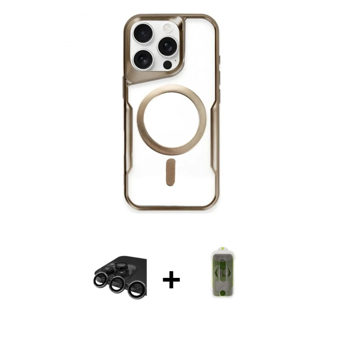 MARSİLYAN™- iPhone 15 Pro Max Kılıf Yadigar Klasik Özel Seri - Siyah Joko Magic 5D Hayalet Cam + Titanyum Gri Raze Metal Kamera Lens