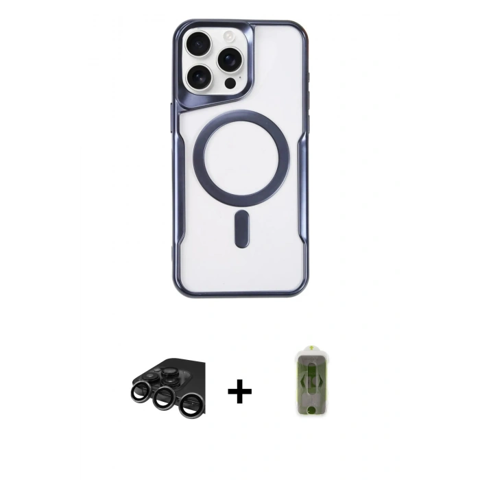 MARSİLYAN™- iPhone 15 Pro Max Kılıf Yadigar Klasik Özel Seri - Siyah Joko Magic 5D Hayalet Cam + Titanyum Gri Raze Metal Kamera Lens
