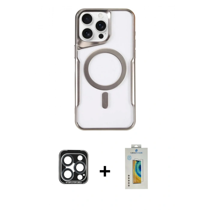 MARSİLYAN™- iPhone 15 Pro Max Kılıf Yadigar Klasik Özel Seri - Siyah Polymer Nano Ekran Koruyucu + PVD Metal Kamera Lens - LT