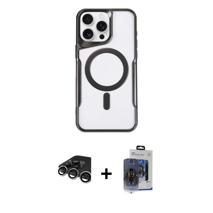 MARSİLYAN™- iPhone 15 Pro Max Kılıf Yadigar Klasik Özel Seri - Siyah Vanessa Magic Cam + Raze Metal Kamera Lens - GS