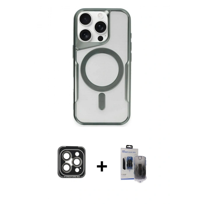 MARSİLYAN™- iPhone 15 Pro Max Kılıf Yadigar Klasik Özel Seri - Siyah Vanessa Magic Hayalet Cam + PVD Metal Kamera Lens - GI