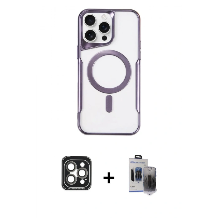 MARSİLYAN™- iPhone 15 Pro Max Kılıf Yadigar Klasik Özel Seri - Siyah Vanessa Magic Hayalet Cam + PVD Metal Kamera Lens - GI